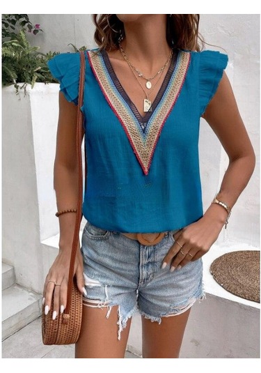 Yaz V Yaka Dantel Kelebek Kollu Kadın Bluz Zarif Rahat Kadın Beyaz Gömlek Moda Zarif Kolsuz Blusas Tops 25803 Malakit Mavi