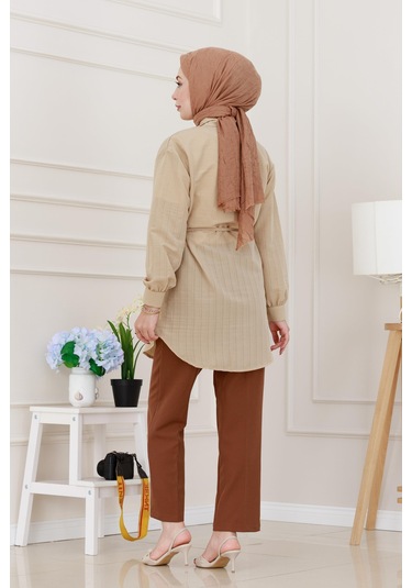 Sevitli Beli Bağcıklı Allerli Taşlı Tunik-bej-5219 Bej