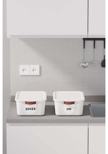 2 Li Bakliyat Erzak Saklama Kabı Un Şeker Saklama Kutusu Kapaklı Kulplu Plastik Saklama Kabı Beyaz