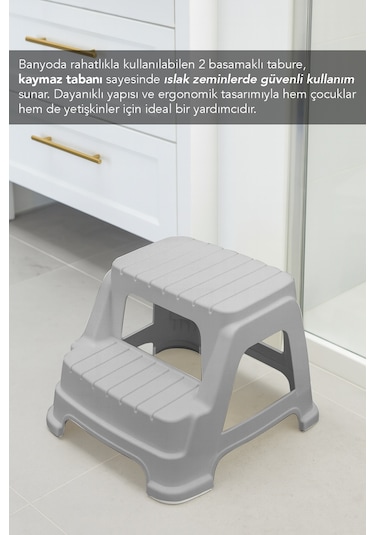 2 Basamaklı Merdiven Tabure - Kaydırmaz Tabanlı Çok Amaçlı Basamak Tabure Gri