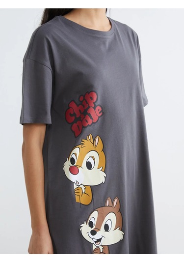 Lc Waikiki Gri Bisiklet Yaka Chip And Dale Baskılı Kadın Gecelik