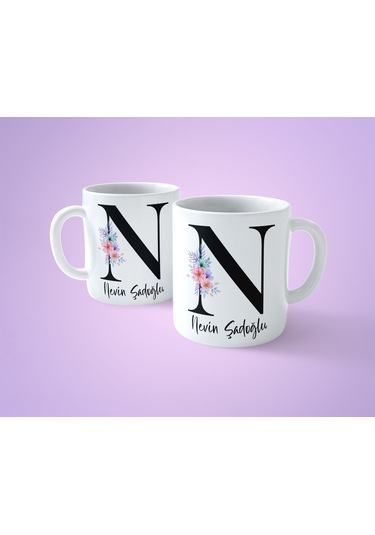 Çiçekli N Harfli İsimli Baskılı Kupa Bardak