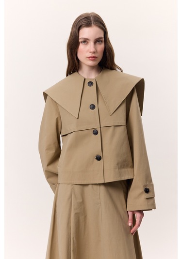 Geniş Yaka Gabardin Ceket Kum Kum