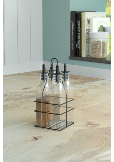 Teknotel 4'lü Cam Şişeli Yağdanlık Sosluk Sirkelik Standı Mat Siyah Mg023 Siyah