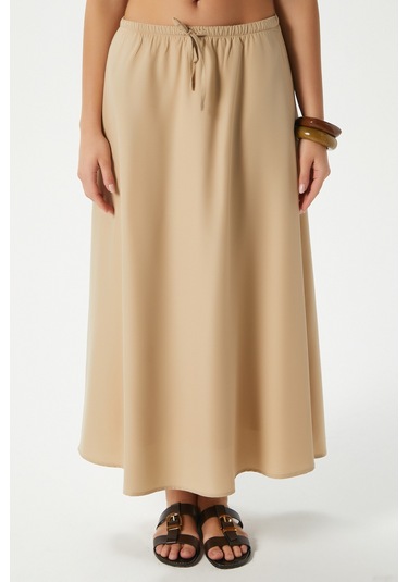 Kadın Seaside Vizon Astarlı Bel Lastikli Cepli Dokuma Uzun Etek Vizon