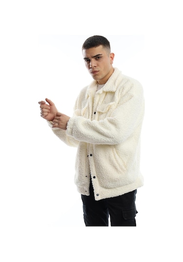 Erkek Kıvırcık Peluş Cıt Cıt Kapamalı Ceket Ekru