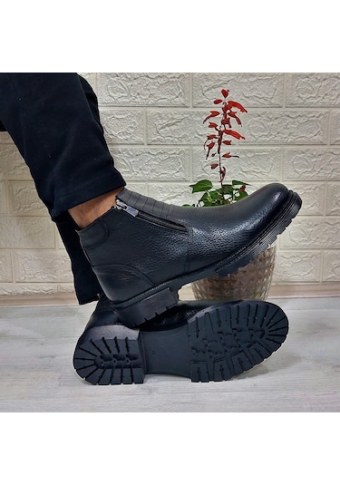 M.p 4204 Siyah Hakiki Deri Bağacaksız Fuspetli Sıcak Astar Erkek Bot 001
