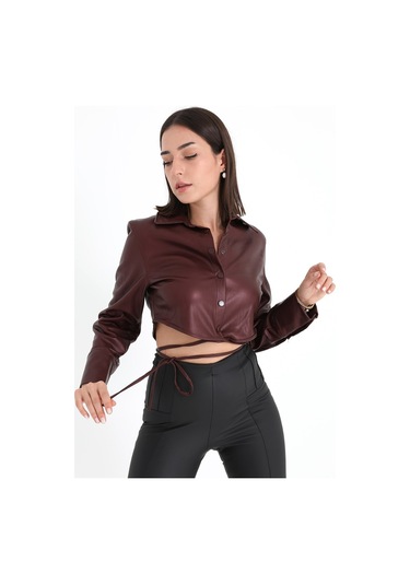 İçi Kadife Bağcıklı Kadın Kısa Deri Gömlek - Bordo-bordo Bordo