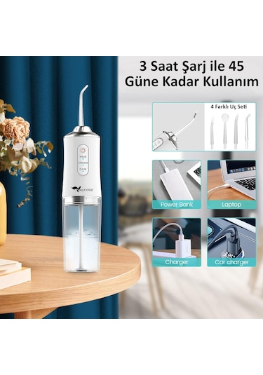 Valkyrie Şarj Edilebilir 4 Başlıklı Taşınabilir Diş Protez Bakım Ve Ağız Duşu Yüksek Kapasite Beyaz