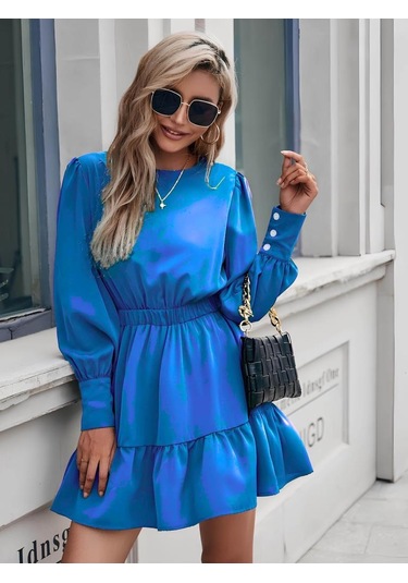 Kadın Uzun Kollu Bisiklet Yaka Beli Lastikli Fırfırlı Ithal Krep Elbise Saks Mavi