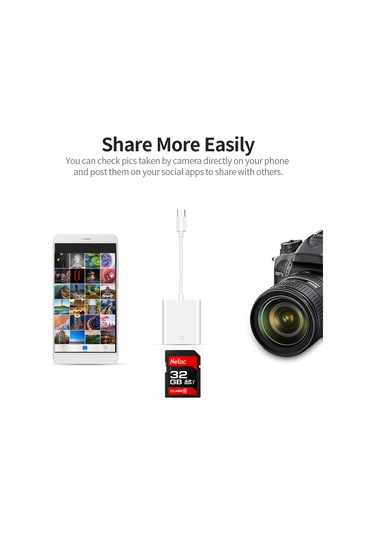 Jeehugo Type-c'den Sd/tf Kart Okuyucu, 64gb'a Kadar Destekli, Hızlı Fotoğraf Paylaşımı, Plug & Play, Beyaz, Taşınabilir Abs Tasarım