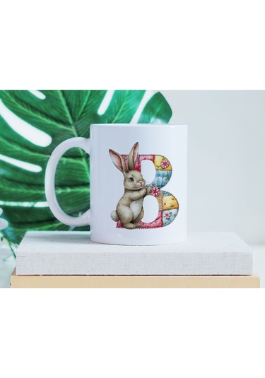 B Harfli Tavşan Kupa - Patchwork / Yamalı Desenli İsme Özel Kupa - Pastel Vintage Tarz Hediyelik Beyaz
