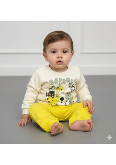Erkek Bebek Safari Baskılı Alt Üst İkili Gündelik Takım Sari
