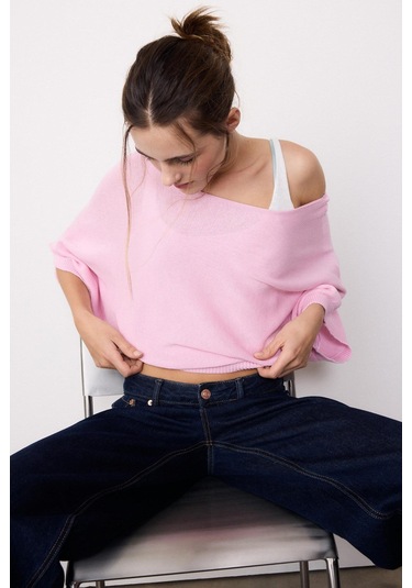 Madmext Pembe Geniş Yaka Çift Katlı Triko Kazak Mg2780