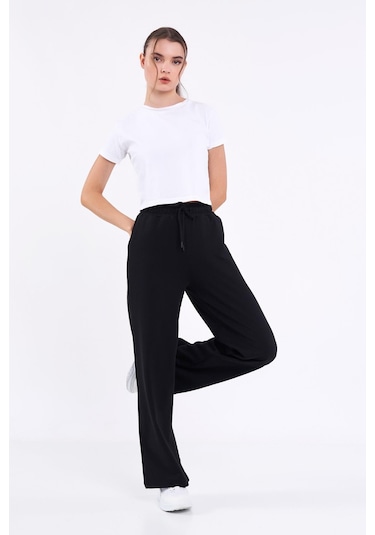 Kadın Mevsimlik Salaş Geniş Rahat Paça Yan Cepli Siyah Eşofman Altı Antrasit