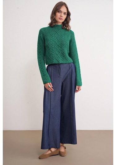 6855 Kadın Dik Yaka Saç Örgülü Triko Kazak Yeşil Yeşil