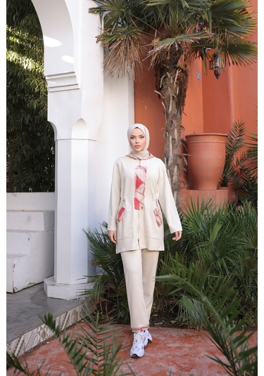 Tesettür Eşofman Takımı Fermuarlı Ikili Takım Kapüşonlu Krem 475 Krem