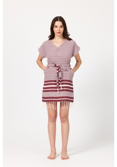Mulberry Katya Plaj Elbisesi Tunik Pareo %100 Pamuk Bordo
