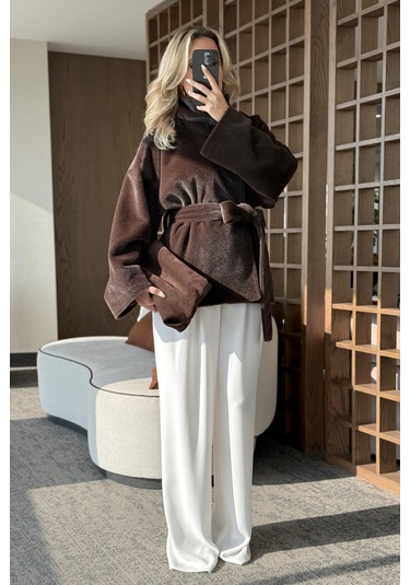 Acı Kahve Yaka Düğmeli Kuşaklı Peluş Ceket - 1624 Acı Kahve