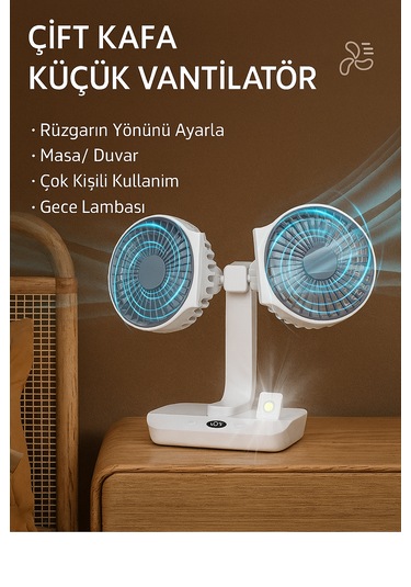 Şarjlı Çift Fanlı Vantilatör Masaüstü Ayarlanabilir Fan Salınım