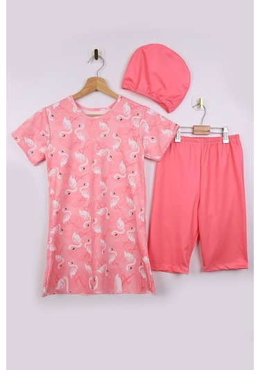 Beniizle Volan Etekli Boneli Kız Çocuk Üçlü Mayo Set Flamingo