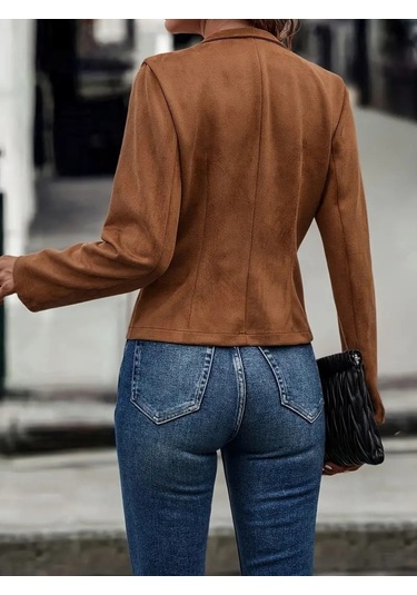 Kadın Uzun Kollu Hakim Yaka Yanlardan Düğmeli Kısa Süet Ceket Kahve