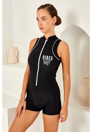 Moon Wear Lapieno 4161 Fermuarlı Kolsuz Paçalı Sörfçü Mayo Siyah