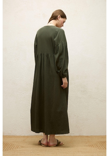 Manuka Pamuklu Kruvaze Elbise Zümrüt