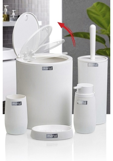 Çizgili 5 Parça Banyo Seti Çöp Kovası Tuvalet Fırçası Diş Fırçalık Sıvı Sabunluk Katı Sabunluk - Beyaz