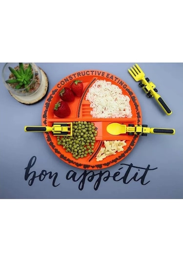 Çocuklar Için İnşaat Temalı Mutfak Gereçleri, Ekskavatör Çatal Kaşık, İticili Küçük Çocuk Yemek Seti