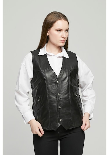 Hakiki Deri Yandan Ayarlanabilir Bağcıklı Yelek Siyah Renk Siyah