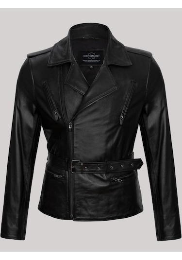 Hakiki Kuzu Derisi Siyah Erkek Deri Mont Beli Kemerli Yandan Fermuarlı Deri Ceket Siyah