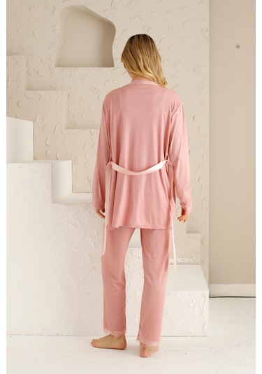 Sabahlıklı Dantel Detaylı Pegasus Kadın Pijama Takımı-çeyizlik Takım- Geniş Beden Aralığı Pudra