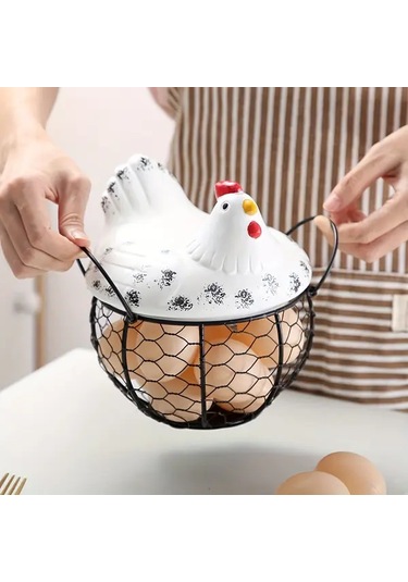 Willowhaven Beyaz Seramik Yumurta Saklama Kutusu Tavuk Desenli Metal File Ve Çiçek Dekor Beyaz
