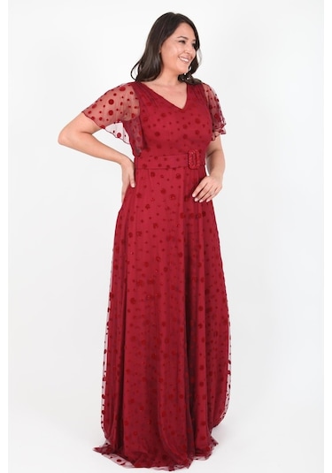 Ladies First Büyük Beden 3424 Bordo Uzun Abiye Elbise