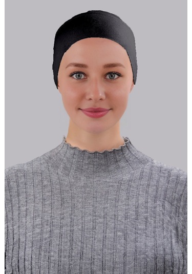 Tesettür Bone Önü Dikişsiz Hazır Pratik Geçmeli Düz Bonesi Pamuk Likralı Penye Siyah