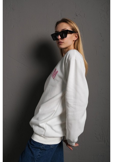 Modagen Kadın Beyaz Cool Mom Baskılı Bisiklet Yaka Oversize Sweatshirt Beyaz