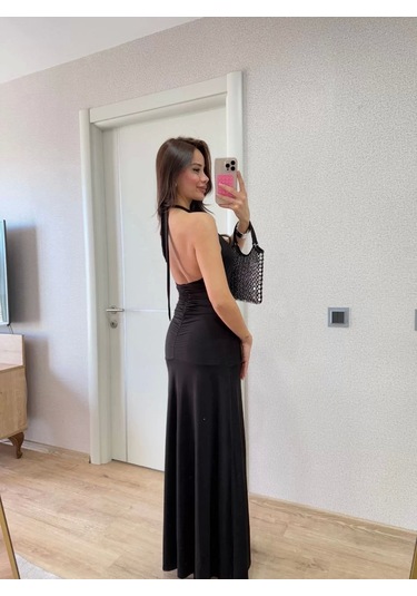 Sırt Dekolteli Uzun Elbise - Siyah Siyah
