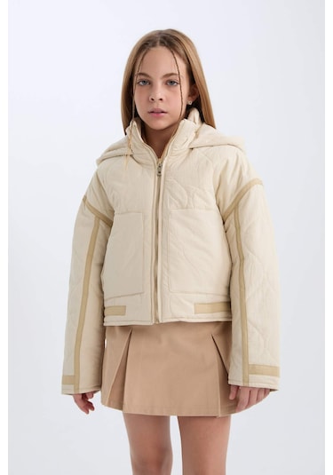 DeFacto Kız Çocuk Su İtici Kapüşonlu Fermuarlı Cepli Mont D6931A825SPBG759 Bej