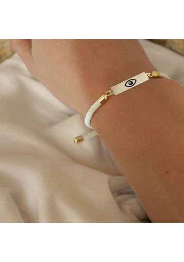 Archin Göz Temalı Beyaz Örgülü 14 Ayar Altın Plakalı Dikdörtgen Figürlü Hediye Bileklik-413sembol Göz