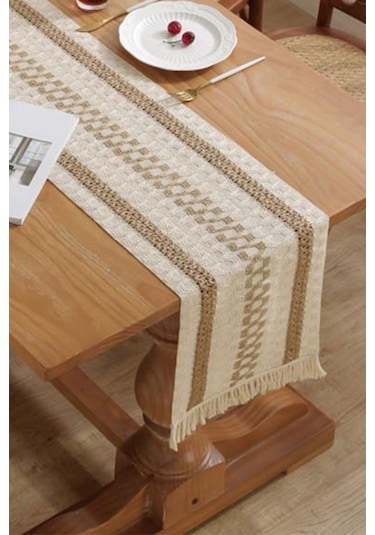 Pamuk Dantel Runner 35x145 Cm Masa Örtüsü Açık Kahve, Krem