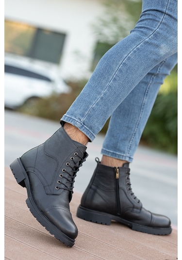 Garantili D4002 Hakiki Deri Soğuk Geçiremez Kışlık Erkek Bot Siyah