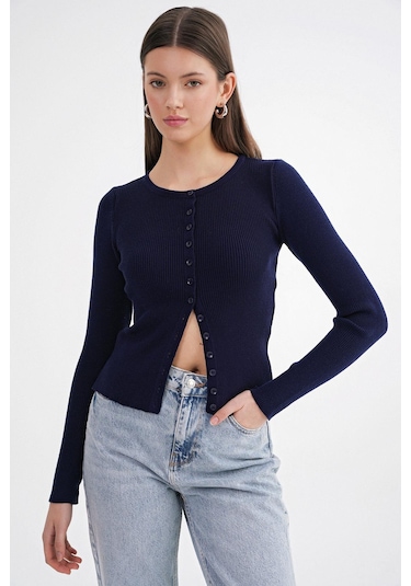 6931 Kadın Düğmeli Fitilli Triko Hırka Lacivert Lacivert