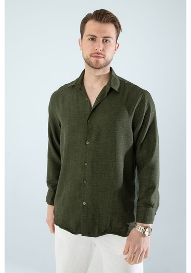 Rahat Kesim Keten Dokulu Gömlek Haki