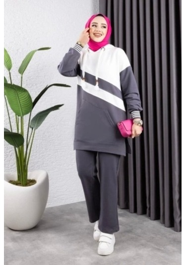 Çapraz Garnili Ribanalı Spor Takım Antrasit Ekru Çok Renkli