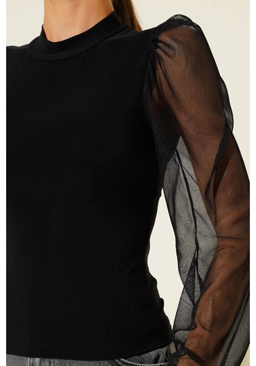 Biçomi Dik Yaka Tül Kollu Bluz Siyah T3066 Siyah