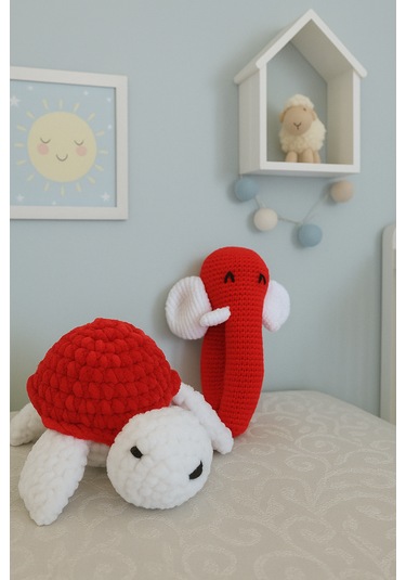 El Yapımı Kırmızı Çıngıraklı Set Fil Ve Kaplumbağa %100 Pamuk, Bebekler İçin Güvenli Beyaz - Kırmızı