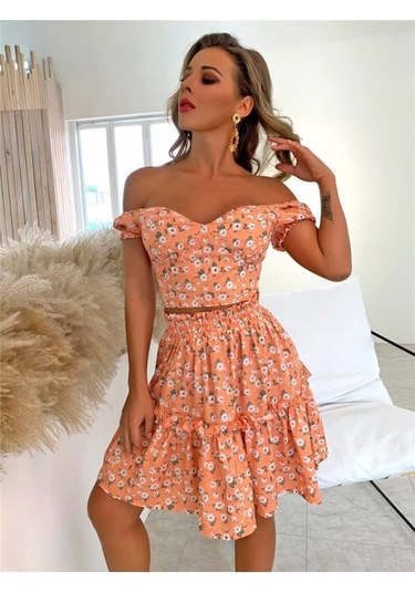 Minik Çiçek Desenli Düşük Omuz Bağcık Korse Bluz Etek Takım Turuncu Turuncu