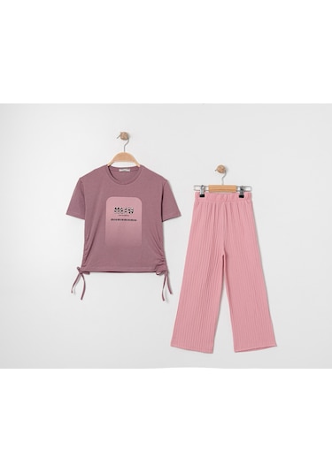 Kız Çocuk Mıu Taşlı İkili Dokuma Takım G-7276 Pembe