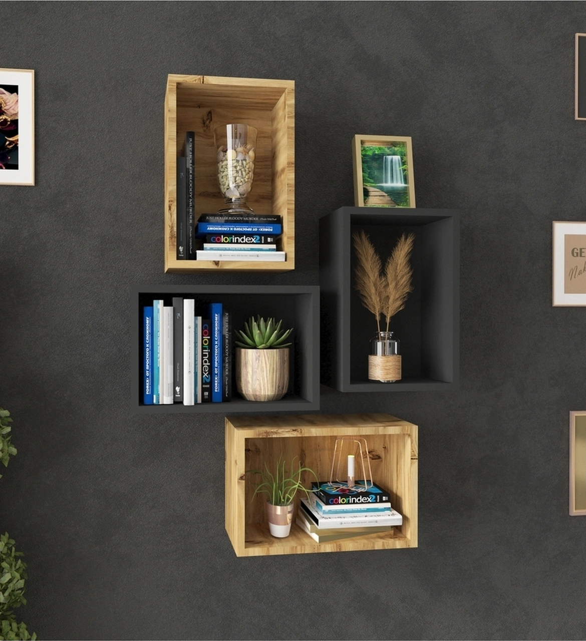 Kitaplık Dikdörtgen Duvar Rafı Arkalıklı Mobilya Takım Antrasit Atlantik Çam Atlantik Çam Antrasit